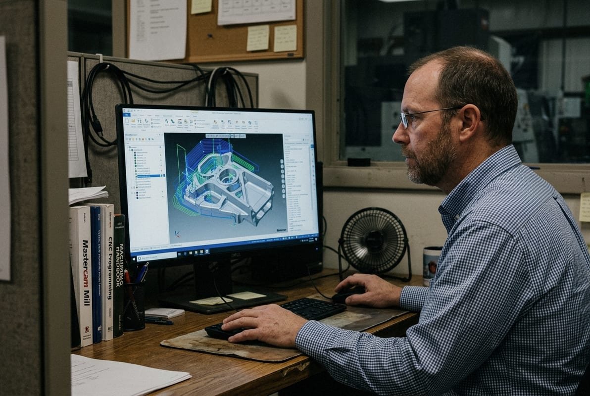 CAM Software and G-code CAM software translating 3D models into G-code toolpaths for CNC machine movements (ID#3)