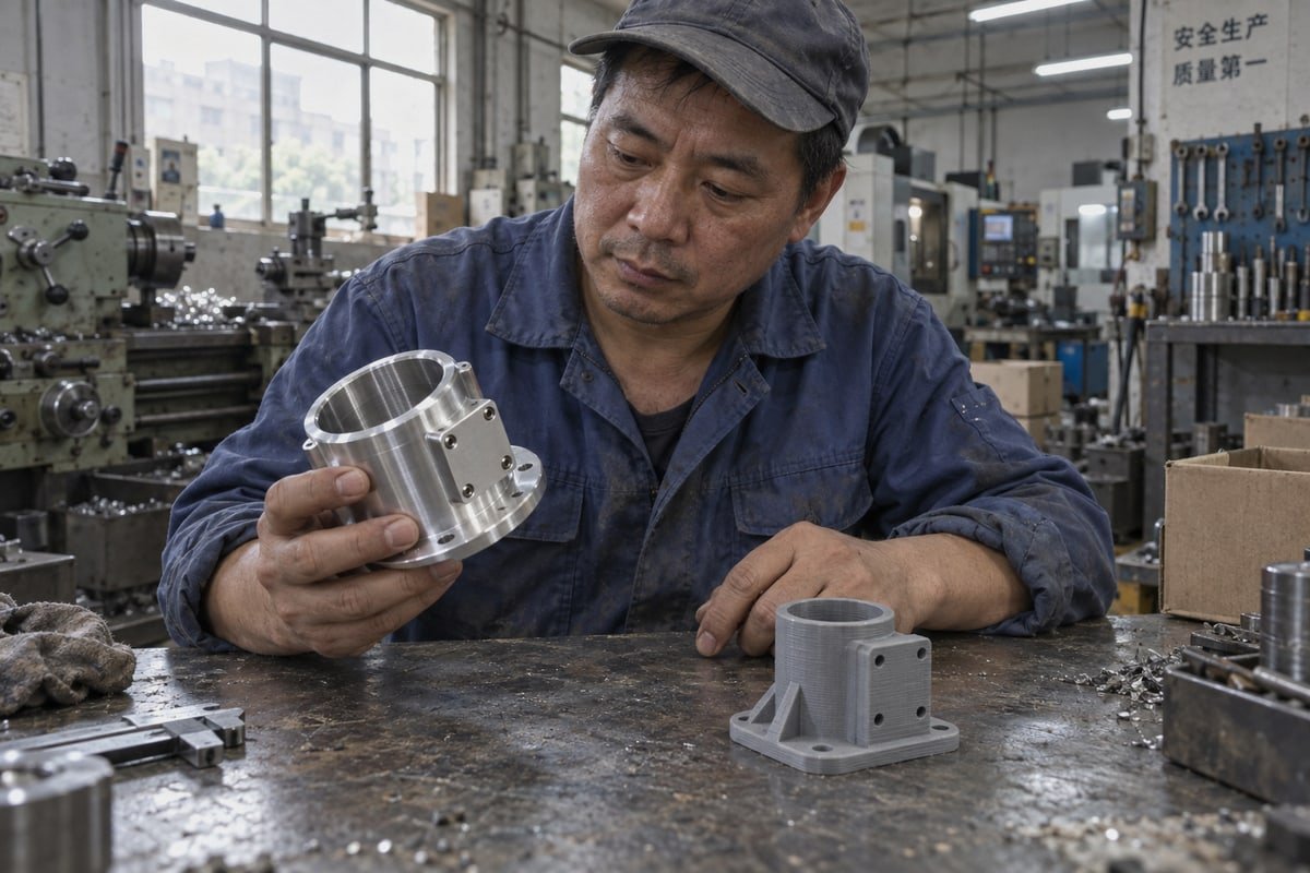 Comparison guide showing CNC machining versus 3D printing selection process (ID#1)